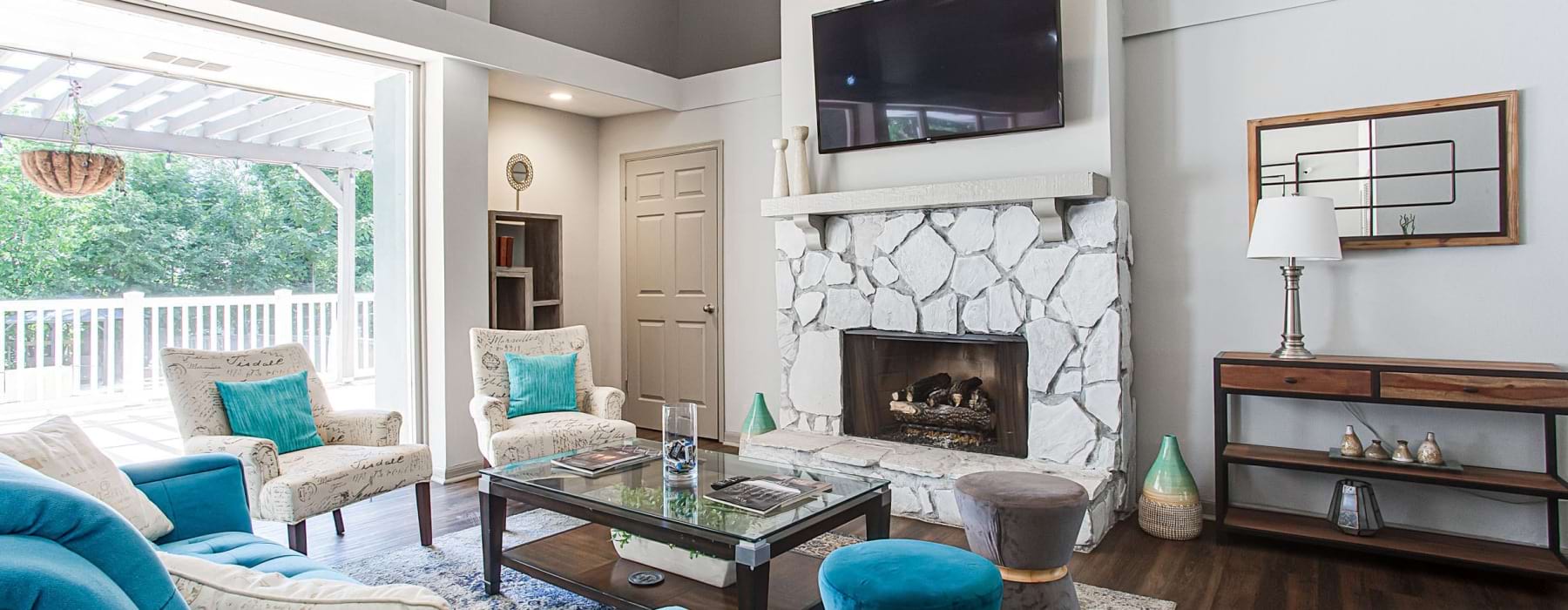 a living room with a fireplace