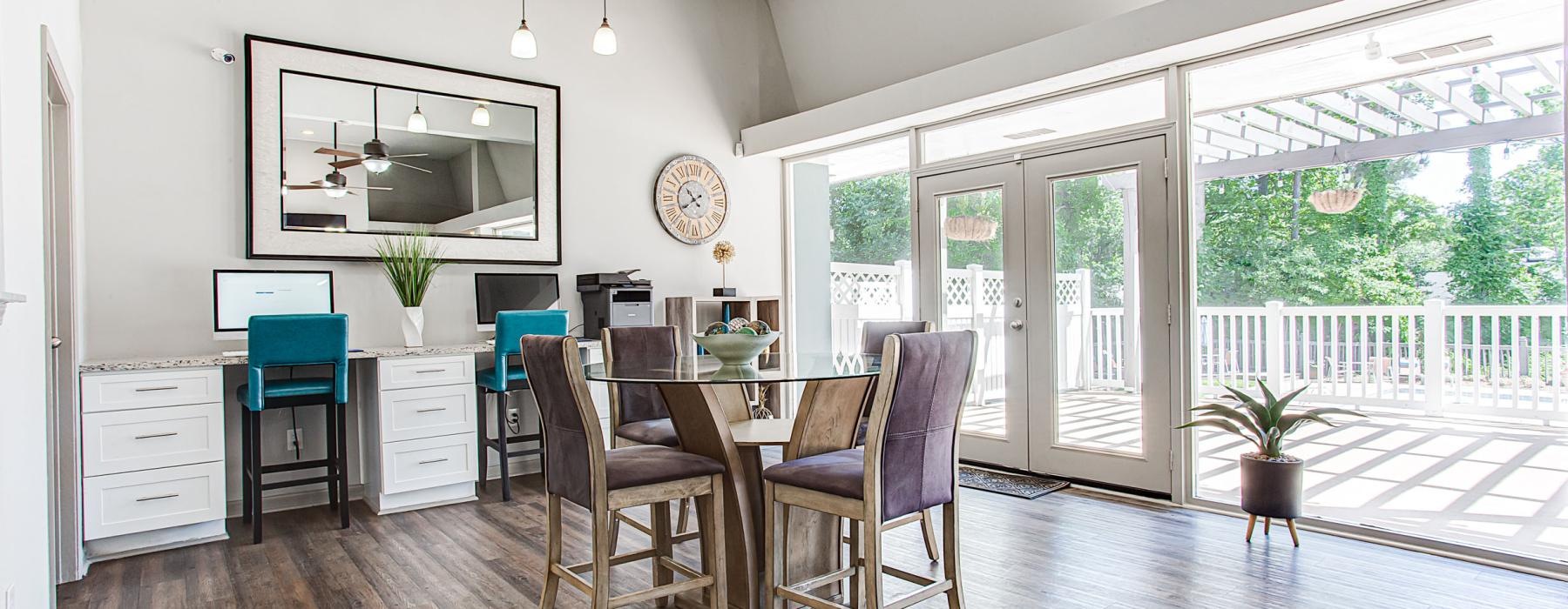 a dining room with a wood floor
